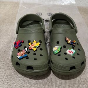 CROCS Kids Olive Green Classic Clogs with Colorful Character Jibbitz